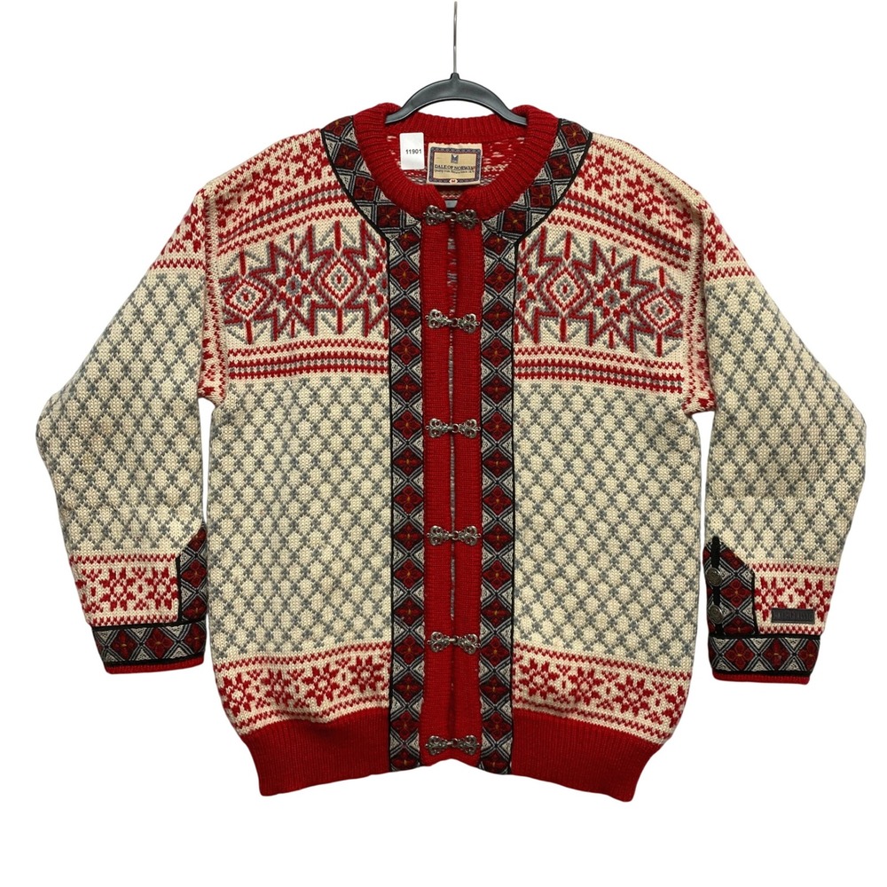 Dale of Norway Cardigan Mens M Red Nordic Dale Classic Pewter Clasp Wool Sweater
